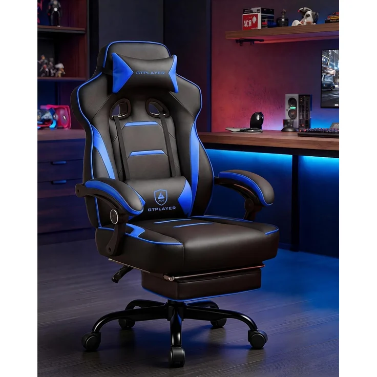 GTPLAYER Gaming Stuhl mit Fußstütze, Ergonomischer Bürostuhl 180kg, Schwerlast Gaming Sessel mit Lendenwirbelstütze und Kopfstütze, Höhenverstellbarer Computerstuhl, Gepolstert, neigbare 155°, BLAU – Bild 11