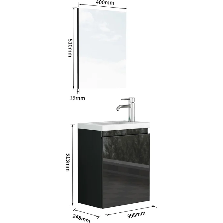 Badezimmerschrank mit Keramikwaschbecken und Spiegel, wandmontiert, 39,8x24,8x48 cm, Schwarz – Bild 5