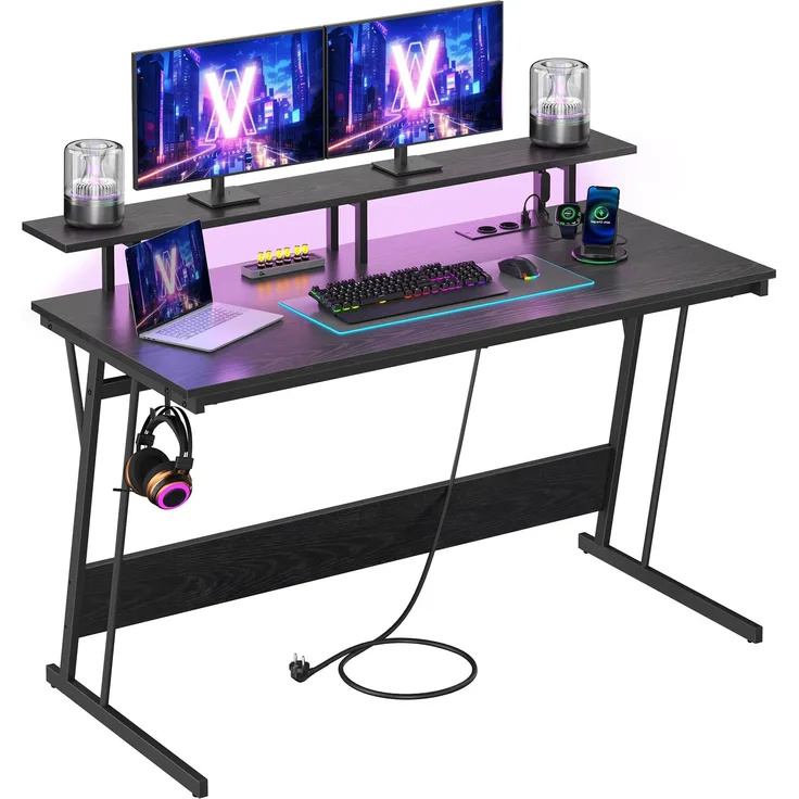 VASAGLE Schreibtisch mit Beleuchtung, Gaming Tisch mit eingebauter Steckdosenleiste, Computertisch, mit Monitorständer für 2 Monitore, Schlafzimmer, 120x55 cm, ebenholzschwarz LWD191B56V2