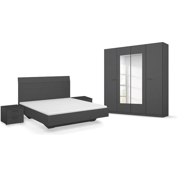 Rauch Möbel Florenz Schlafzimmer, Grau metallic, Schwarz, bestehend aus Bett mit Liegefläche 160x200 cm inklusive 2 Nachttische und Drehtürenschrank mit Spiegel BxHxT 181 x 210 x 54 cm