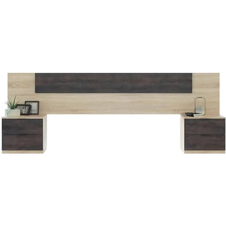 Habitdesign, modernes Kopfteil mit 2 Nachttischen und 4 Schubladen – Schlafzimmer-Set in Kanadischer Eiche & Rostoptik, viel Stauraum, Maße: 247 x 95 x 38 cm (B x H x T), Modell Alaya – Bild 4