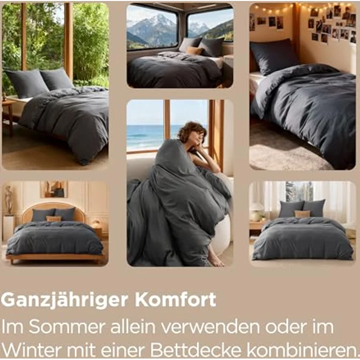 BEDSURE Bettwäsche 155x220 3teilig Anthrazit - Bettwäsche Grau 1 Bettbezug 155x220 cm + 2 Kissenbezüge 80X80 cm, ÖKO-TEX Bettwäsche-Sets Polyester Mikrofaser mit Reißverschluss – Bild 6