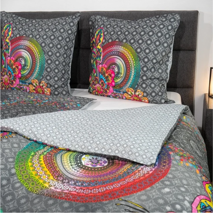 hip Bettwäsche Baumwolle, Renforcé, 2 teilig, bunte Mandalas auf grauem Hintergrund – Bild 3