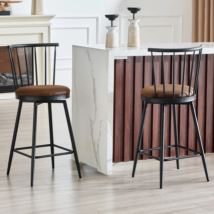 Moderner Metall-Barhocker im Windsor-Stil mit gepolstertem Sitz für Kücheninseln, Bars, Restaurants; Barhocker im Industrial-Stil in Barhöhe; Vintage- und Minimalismus-Stil--Braun--96x39x39cm--YOUDENOVA – Bild 1