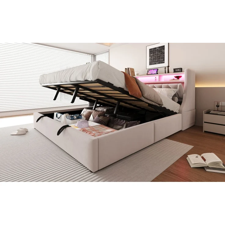 U-life Polsterbett 180x200 cm, fürs Schlafzimmer, hydraulischer Stauraum, klappbar, Steckdose und Ablagefach, LED-Beleuchtung, Sperrholz, Beige – Bild 6