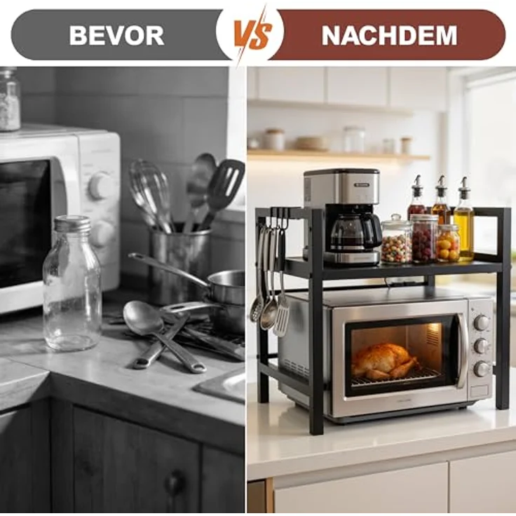 Ribelli Erweiterbares Mikrowellenregal 2 Stufig, Küchenregal Stehend Stahl, Mikrowellen Regal mit 3 Haken, Mikrowellenständer für Arbeitsplatte, Vorratsregal Bäckerregal, Schwarz – Bild 7
