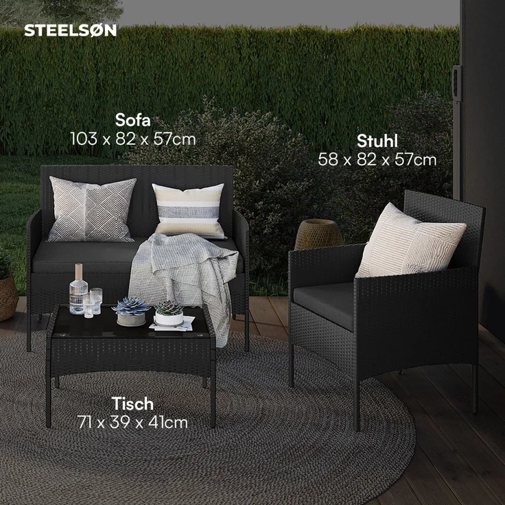 STEELSØN 'Thalora' Gartenlounge Set, 4-tlg. Sitzgruppe mit Sofa, 2 Stühlen und Tisch, inkl. Kissen, schwarz/anthrazit, aus Polyrattan – Bild 5