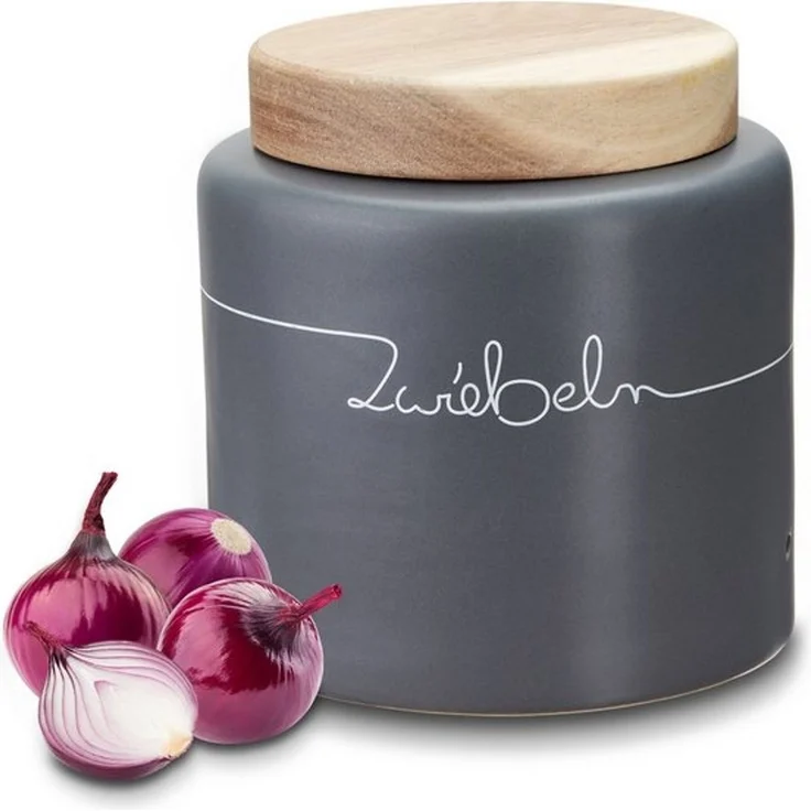 KHG Zwiebel Aufbewahrung Keramik Steingut poliert Anthrazit Grau Holz-Deckel Bambus Kapazität 3,2 Liter oder 500 g Zwiebeln, Zwiebeldose rund, Beschriftung, Zwiebel-Vorratsdose Höhe 17 cm & 16,5 cm – Bild 4