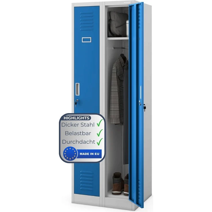 Umkleideschrank Spind WIEN - 2 Abteile, Etikettenhalter Lüftungsschlitze | Umkleidespind Metall Schließfachschrank Garderobenspind, 180x60x50cm Grau-Blau – Bild 1