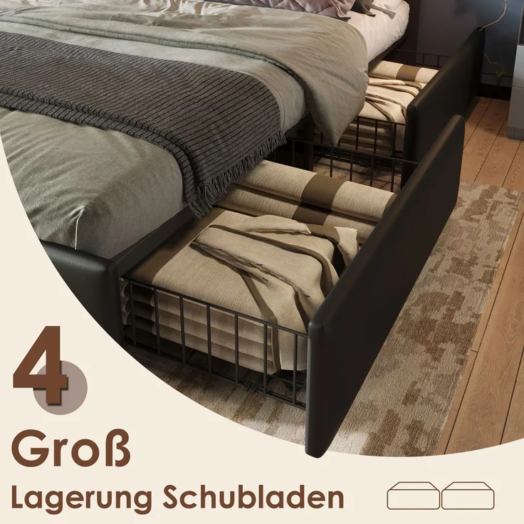 Merax Polsterbett, mit LED-Beleuchtungsleiste und 4 Schubladen, Höhenverstellbares Kopfteil, Funktionsbett, Ohne Matratze, PU Schwarz/Grau, 90x200cm – Bild 8