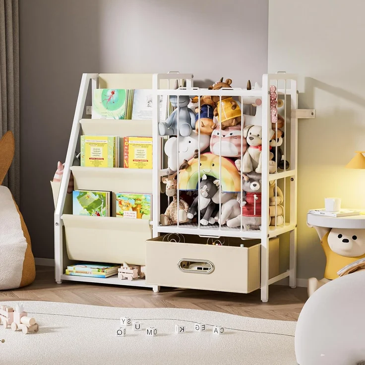 Yorbay Spielzeugtruhe 2 in 1 Bücherregal Kinderregal, Kinderzimmerregal mit Aufbewahrungsbox & Taschen, 84x30x76cm – Bild 8