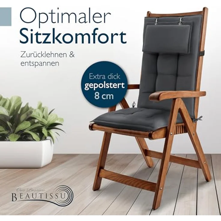 Beautissu Hochlehnerauflage 6er Set Sun-HL, 120x50x8cm, Anthrazit, mit Kopfpolster, rutschfest, robust, UV 5, Befestigungsbänder – Bild 2