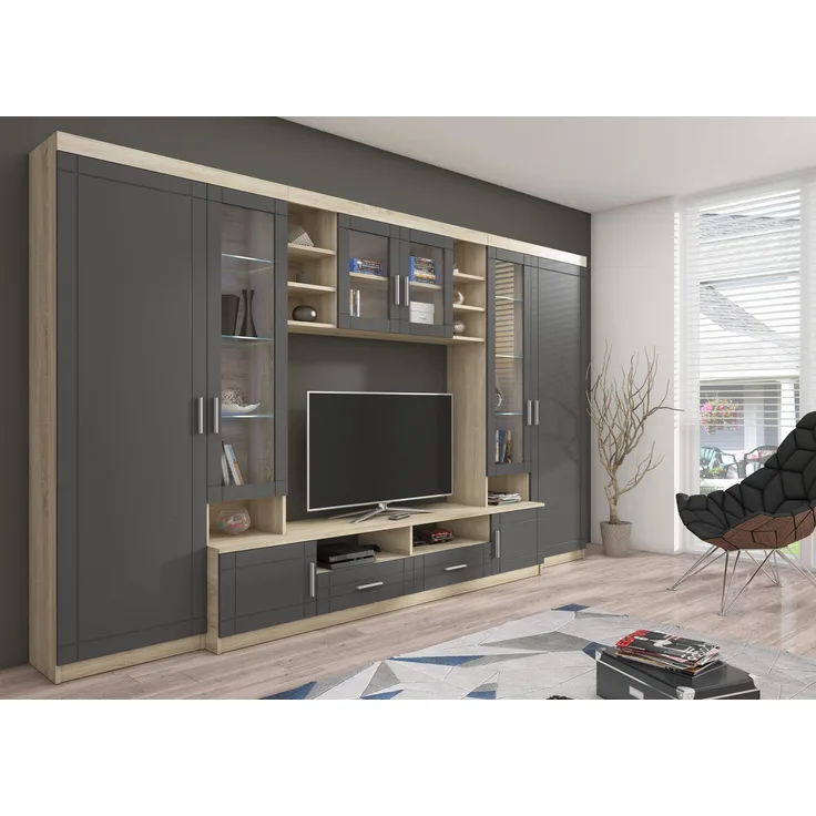 Wohnwand Paris MDF Grau+ Sonoma Eiche matt