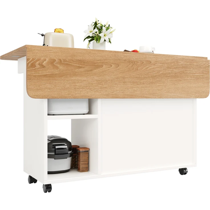 Kücheninsel, modernes Küchensiland, Küchenschrank, abnehmbare Servierwagen-Buffetschrank, Speisewagen mit Holzmaserung, multifunktionaler Esstisch mit Stauraum, Holzoptik, Weiß – Bild 9