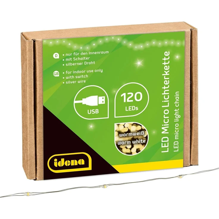 Idena 31483 - LED Micro Lichterkette mit 120 LEDs in Warmweiß, mit USB Stecker und Schalter, ca. 13,5 m lang, Deko für Innen, zum Basteln, als Party Deko, Weihnachtsdeko, zur Hochzeit – Bild 1
