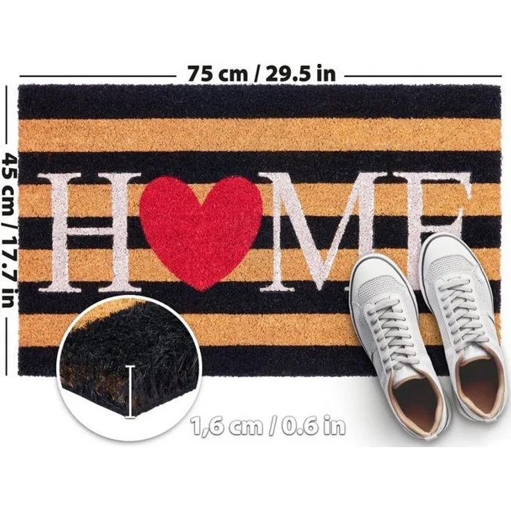 BRUBAKER Fußmatte Home mit Herz - Gestreift - 45 x 75 cm Schmutzfangmatte, Rechteckig, Höhe: 15 mm, Fußmatte für Außen und Innen aus Kokos - Wetterfest und Rutschfest
