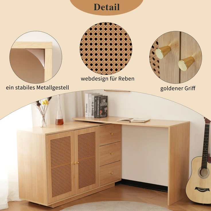Schreibtisch mit 360°-Schwenkfunktion, MDF in Naturholzfarbe mit Rattan-Optik und Stauraum,75x126x40 cm – Bild 9