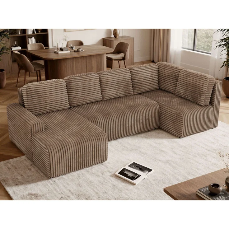 U-förmiges Sofa NESSARO COR U mit Schlaffunktion und Bettkasten, Freistehende Wohnlandschaft, DL-System, Bonellfederkern - Braun Cord - Rechts Seite – Bild 4