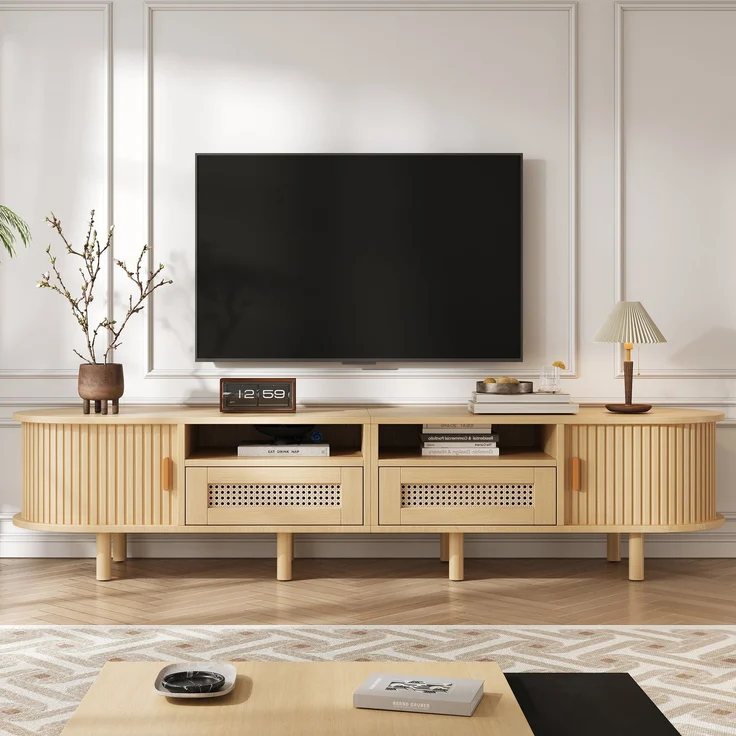 TV-Schrank 170 cm Ovale TV-Bank mit Rattanoptik Schubladen Schiebetüren Lowboard Holzlook Wohnzimmer Kompakter Retro-Stil 8 Beine – Bild 4