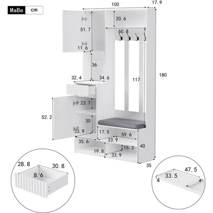 Merax Garderoben-Set Komplett-Set, (Kompaktgarderobe, 1-St), Flurgarderobe mit Sitzbank,4 Haken,Türen & Schubladen, B100×H180×T35cm – Bild 4