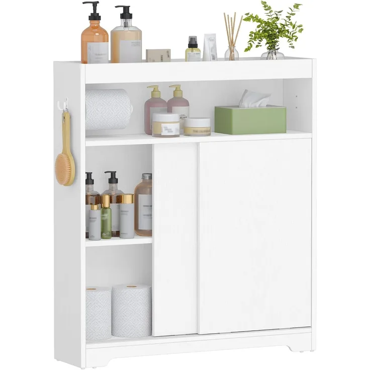 Badezimmerschrank, Nischenschrank, Platzsparende Badschrank mit Toilettenpapierhalter und Haken, Schiebetür, Verstellbares Regal, für Das Badezimmer, 20 x 80 x 90 cm, Weiß