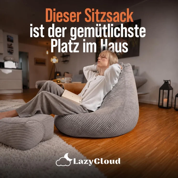 Sitzsack für Erwachsene mit integrierter [Nackenstütze] Cord | XXL Indoor Bean Bag mit Füllung | perfekt als Chill-, Lese- oder Gaming Sessel (90 x 80 x 70 cm) (Sitzsack & Hocker Leichtgrau) – Bild 2