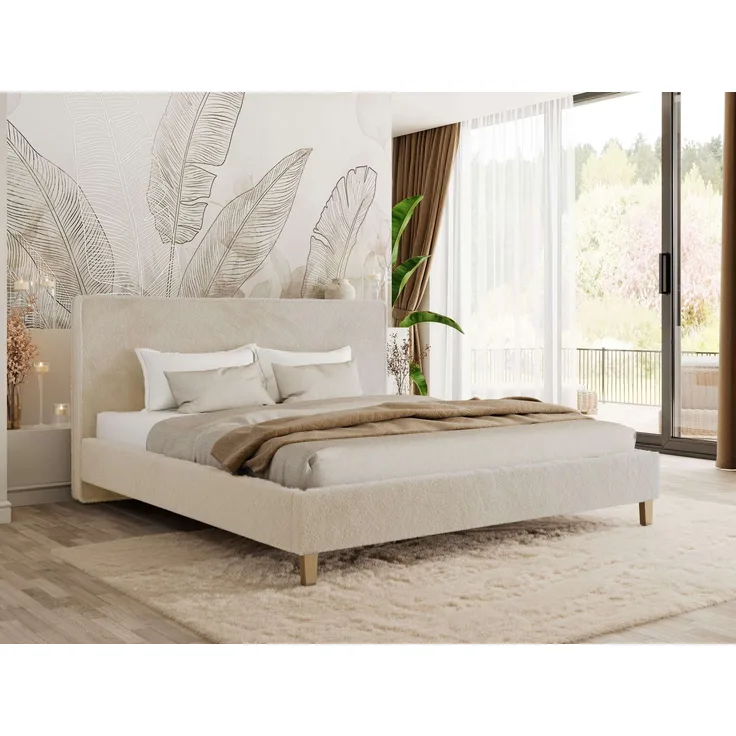 Design Polsterbett LUMARO CLASSIC 160x200 cm mit Lattenrost & 12cm hohen Füßen, Doppelbett mit Kopfteil, Konfigurierbar, Pocket Matratze - Creme Plüsch - VIRE LUX