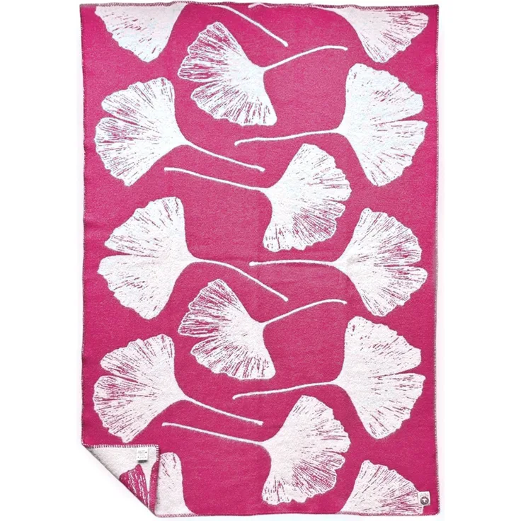 WoolOnly Wendedecke Wolldecke Plaid aus Norwegischer Wolle 130x200 cm (Ginkgo Himbeeren Magenta)