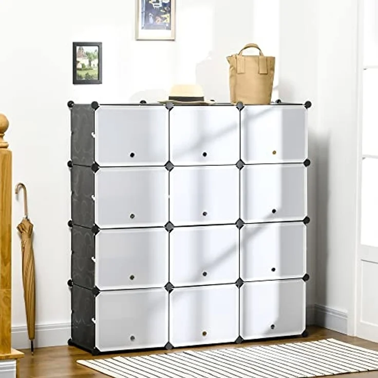 HOMCOM Kommode DIY Regalsystem mit 12 Würfeln (Aufbewahrungsregal, 148 St, DIY-Würfelregal), Kunststoff Stahl Schwarz+Weiß 125 x 32 x 125 cm – Bild 2