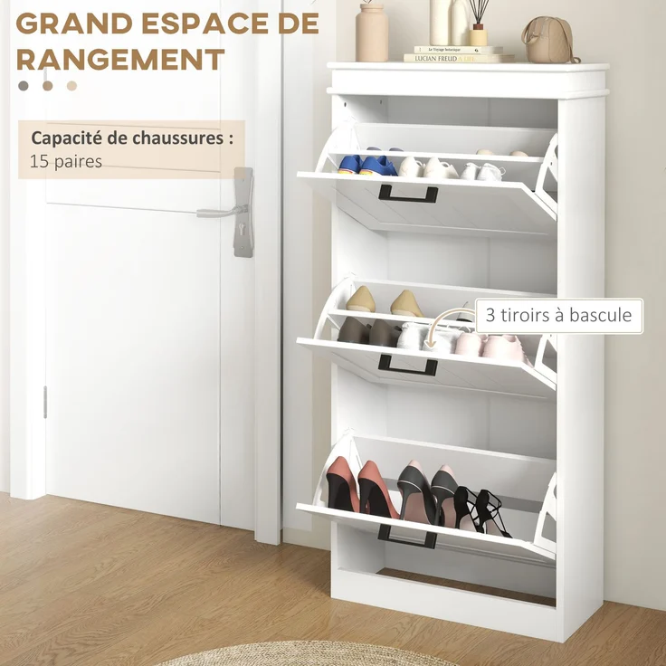 Schuhschrank, 3 Klapptüren, 15 Paar, verstellbare Einlegeböden, für Eingangsbereich, Flur, 54 x 24 x 117,5 cm, weiß – Bild 6
