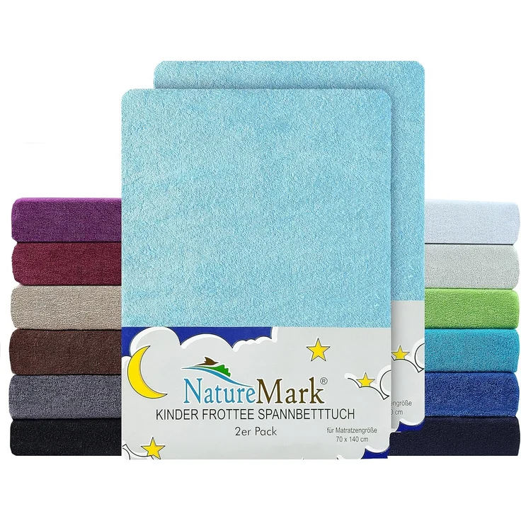 NatureMark Spannbettlaken Frottee Spannbettlaken, 80% Baumwolle / 20% Polyester, Gummizug: rundum, (2 Stück), 2er Set Kinder Spannbettlaken Frottee, Spannbetttuch 80% Baumwolle / 20% Polyester, für Babybett und Kinderbett, 70x140 cm - Hellblau – Bild 1