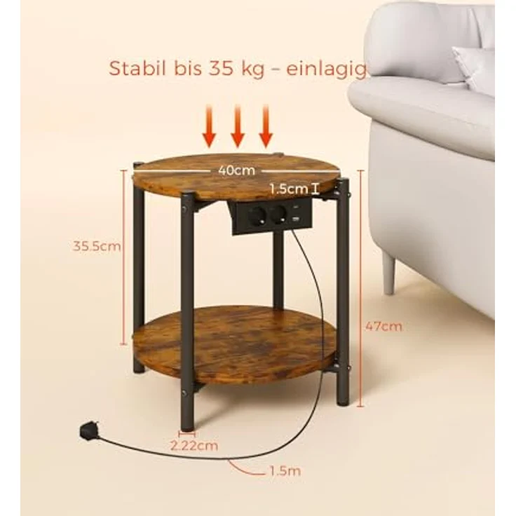 IRONCK Beistelltisch rund, Couchtisch mit Steckdose, Kleiner Tisch Holz, Wohnzimmertisch 2 Ablagen,Sofatisch,USB & Type-C-Anschluss, Metallrahmen, Nachttisch für Schlafzimmer (Vintagebraun, 1 Stück) – Bild 3