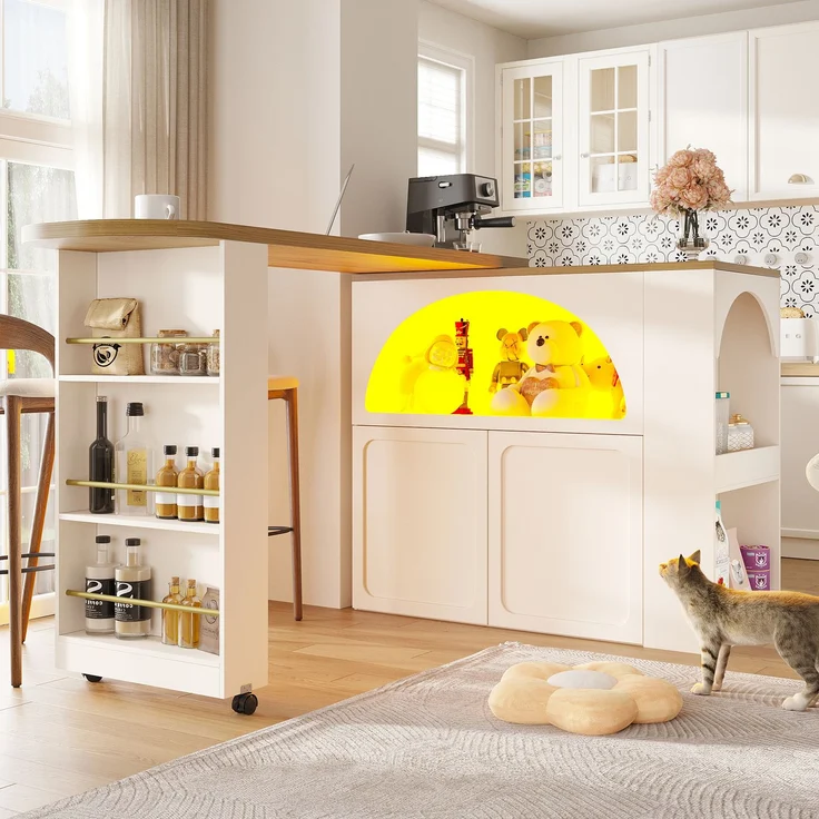 Merax Ausziehbarer Bartisch mit Stauraum(135-205×39×100cm) , Moderner Beweglicher Bar Table, Teleskopischer Bartisch mit LED Hochtisch Kücheninsel, Weiß – Bild 1