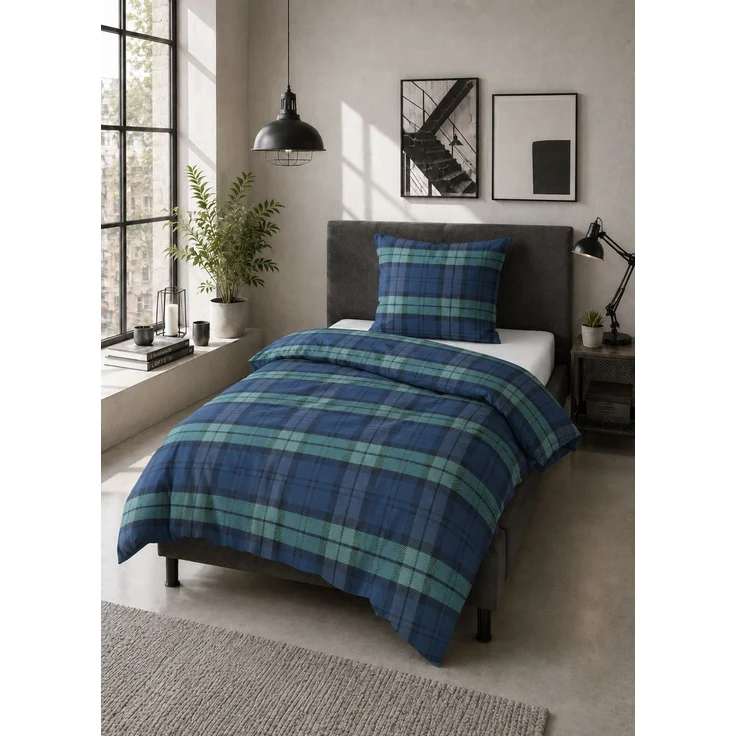 Traumhaft schlafen - Castell - Markenbettwäsche Biber Bettwäsche 155x220 cm blau | 2-teilig mit Kissenbezug 80x80 cm | 100% Baumwolle | weich, wärmend | Reißverschluss | Karo Klein | Modell 0030988, saphir, 1x 155x220 cm + 1x 80x80 cm – Bild 3