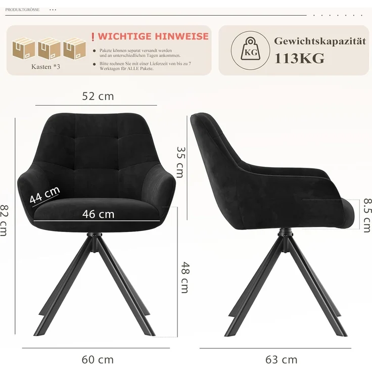 COLAMY Drehbare Esszimmerstühle 6er Set, Esszimmerstühle Drehbar mit Armlehne, Armlehnstuhl Drehbar mit Rückenlehne für Esszimmer, Stühle aus Weichem Florstoff mit Metallgestell für Küche, Schwarz – Bild 2