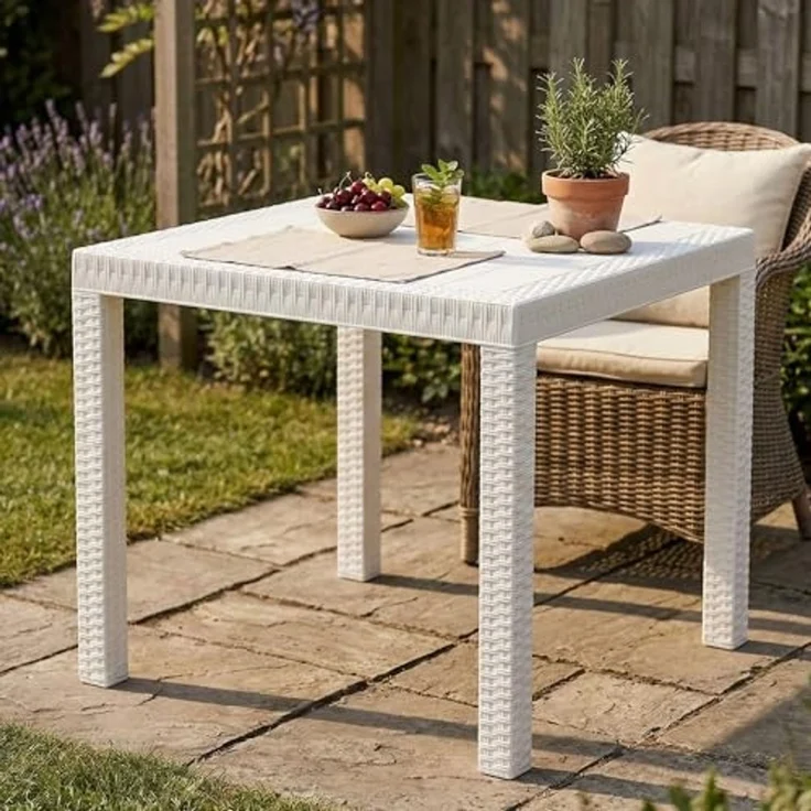 Dmora - Tisch im Freien Marte, Fester quadratischer Regal, Mehrzweck-Gartentisch in Rattan-Optik, 100% Made in Italy, 80x80h74 cm, Weiß – Bild 1