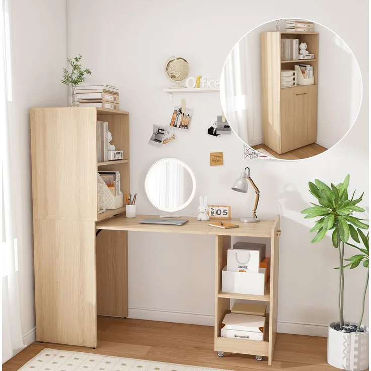 Ausziehbarer Schreibtisch mit Stauraumschrank und Rollen, 126x55x136 cm, Naturholz