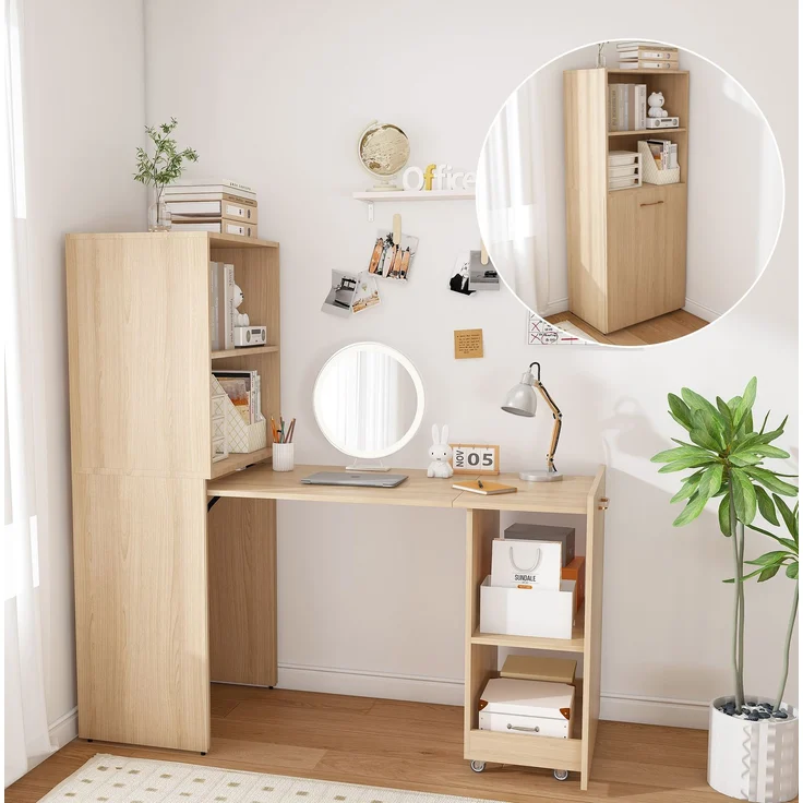 Ausziehbarer Schreibtisch mit Stauraumschrank und Rollen, 126x55x136 cm, Naturholz – Bild 1