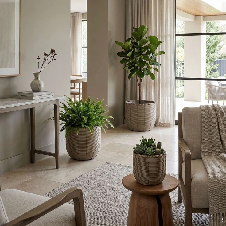 colourliving Blumentopf Gala Pflanzkübel Rattan 3er-Set – Große Indoor Blumentöpfe Naturgrau (3 St), Integrierter Folieneinsatz, dekorative Flechtoptik – Bild 4