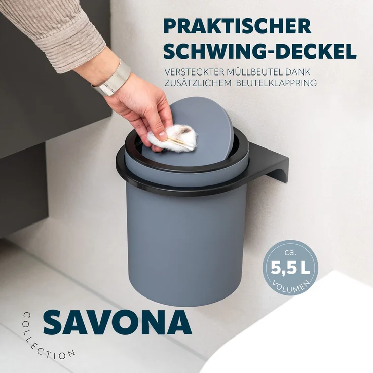 2tlg. Bad-Set SAVONA Softtouch inkl. Wandhalterung, Kosmetikeimer 5,5 Liter und WC-Garnitur, rund - grau – Bild 5