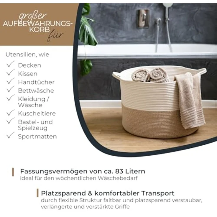 HMF Aufbewahrungskorb XXL Wäschekorb aus Baumwolle, runder Aufbewahrungskorb mit Griffen, 55 x 35 cm, Weiß-Braun – Bild 3