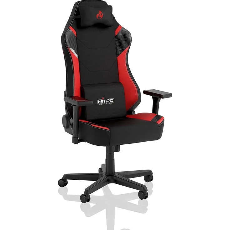 NITRO CONCEPTS X1000 Gaming Stuhl Bürostuhl Ergonomisch Schreibtischstuhl Drehstuhl mit Rollen Gaming Sessel Gaming Chair Pc Stoffbezug Belastbarkeit 135 Kilogramm - Schwarz/Rot