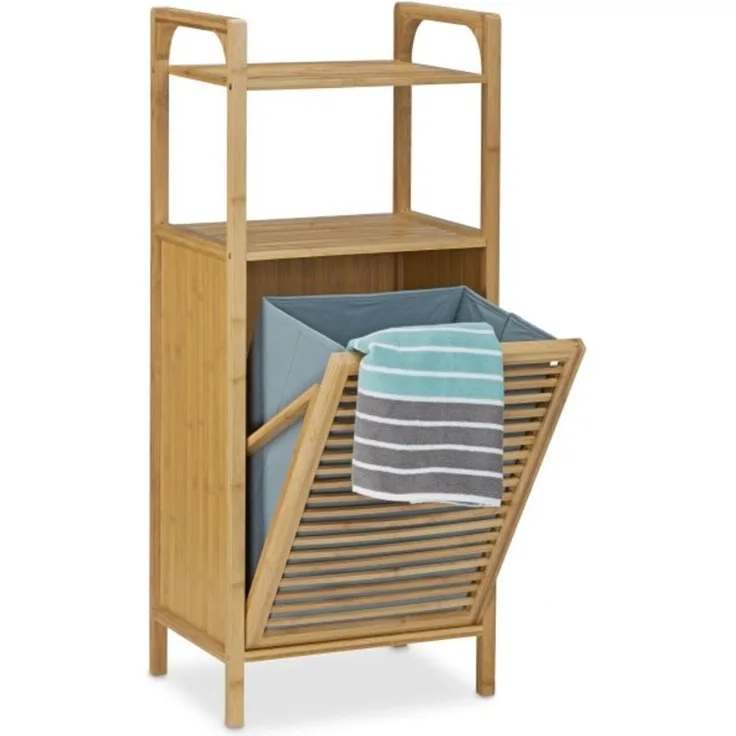 Badregal mit Wäschekorb Bambus, Natur, Wächekorb grau