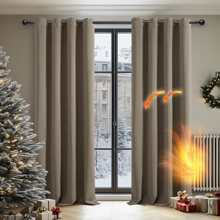Deconovo Blickdichte Gardinen Kälteschutzvorhang Blickdicht Vorhang Verdunkelung, 220x140 cm(HöhexBreite), Taupe, 2er Set – Bild 3