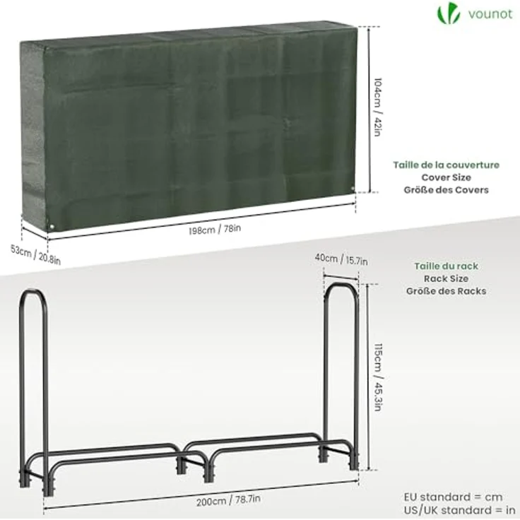 VOUNOT Kaminholzregal Aussen Metall, Brennholzregal Außen, Feuerholzregal Outdoor mit wasserdichte Abdeckung, 200 x 116 x 36 cm – Bild 6
