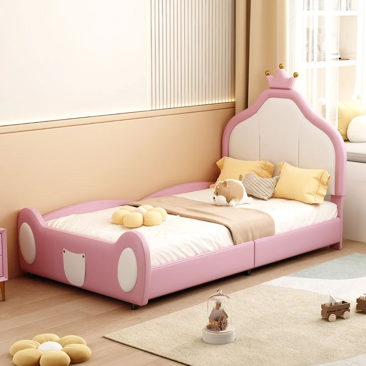 Kindereinzelbett 90×200 cm aus Kunstleder mit kronenförmigem Kopfteil, rosa – Bild 1