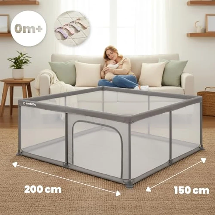 sun baby Laufstall mit rosa Griffen 150x200 cm 0-2 Jahre Grau, Polyester, Netzwände, Eingang mit Reißverschluss, rutschfeste Füße, Tragetasche im Set, Metallrahmen – Bild 3