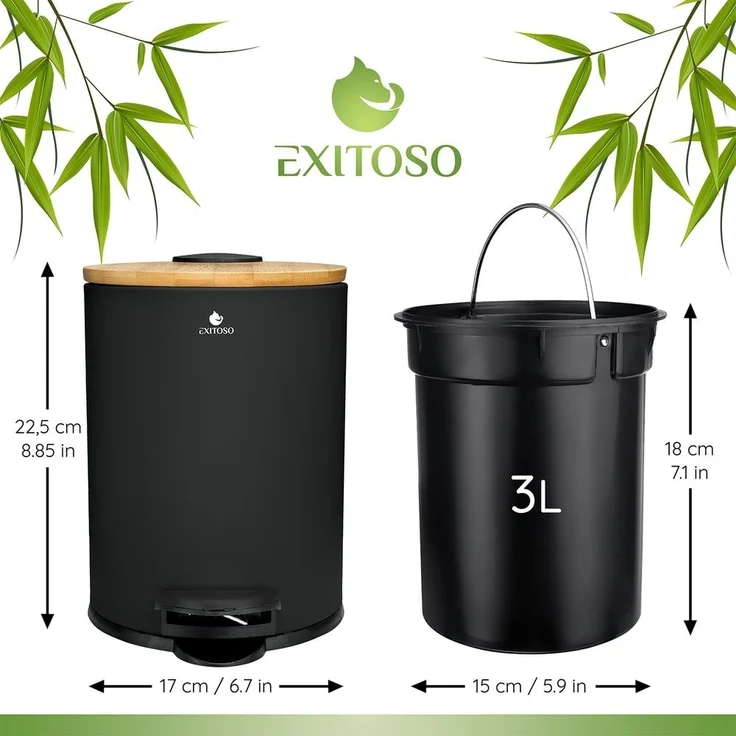 Exitoso Mülleimer 3 L leicht entleerbar Bambus, Kosmetikeimer WC-Eimer Tretmülleimer klein, mit Softclose-Funktion – Bild 6