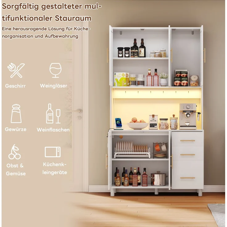 183cm Küchenanrichte, Buffet, App-gesteuerte LED-Deko-Lichter, 2 x USB, 2 x Steckdosen, verstellbare Einlegeböden, 3 Schubladen, goldene Metallgriffe, ideal für Küchen und Esszimmer. – Bild 2