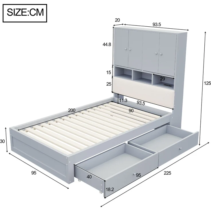 Multifunktionales Holzbett, 90 x 200 cm, mit gepolsterter Rückenlehne, Kopfteil mit Stauraum, Ablagefächern, LED-Beleuchtung und Steckdose, mit Schublade und Lattenrost, Einzelbett, Jugendbett, Grau – Bild 7